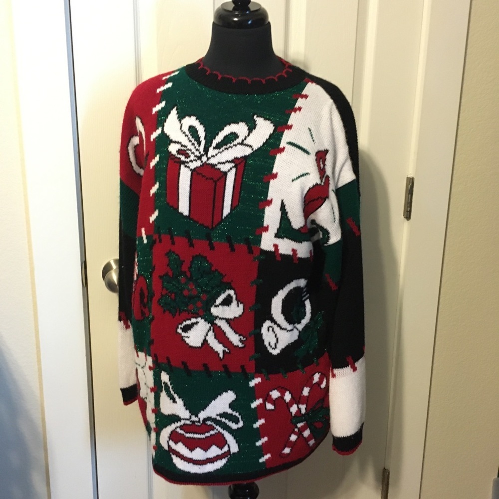 Ugly Christmas sweater w/ patchwork design